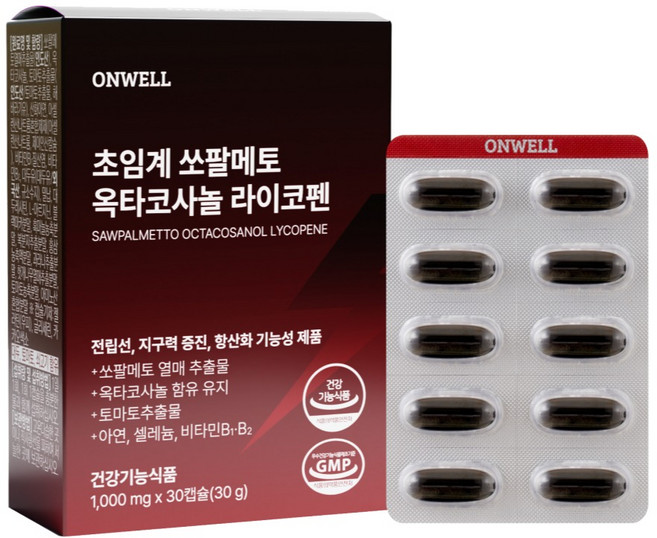 온웰 옥쏘코펜 초임계 쏘팔메토 옥타코사놀 라이코펜 남자 전립선 영양제, 1박스, 30정
