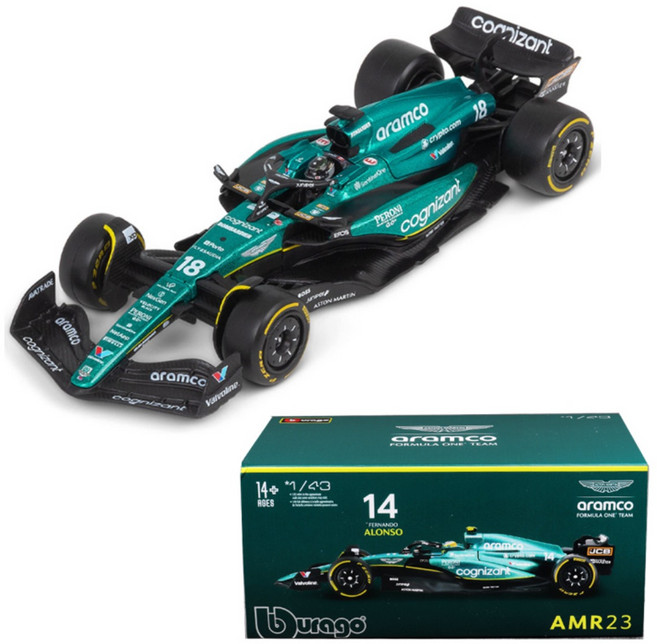 브라고 1:43 Aston Martin AMR23 F1 레이싱카 다이캐스트 아크릴케이스 애스턴 마틴, 1개