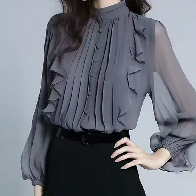 ROYALBELLE 여성 스탠드넥 쉬폰 블라우스 프릴 버튼 포인트 패션 긴팔 셔츠 D0040311