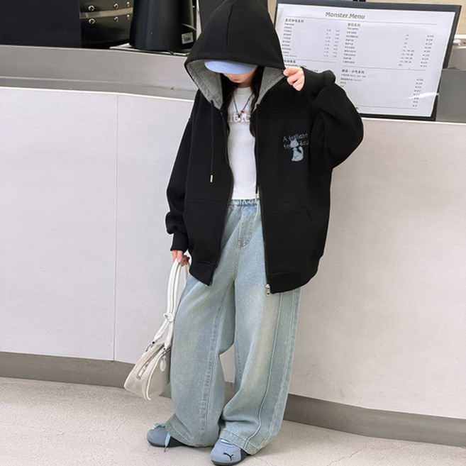 비비키드 여아 봄 가을 영문 레터링 고양이 캐릭터 후드집업 초등생 긴팔 외투 상의 초중생 주니어 점퍼 (2601)