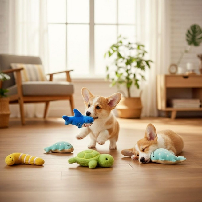 나띵베럴 바다친구들 강아지 삑삑이 봉제인형 장난감, 1세트, 거북이+고래+상어+뱀장어