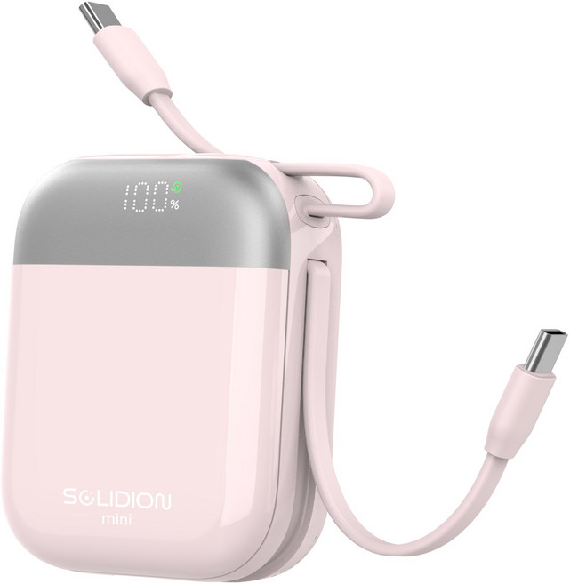 아이시 솔리디온 준고체 미니 보조배터리 10000mAh 초소형 듀얼 C타입 일체형 C타입 22.5W 고속충전 난연소재 기내반입 CCC인증, 핑크