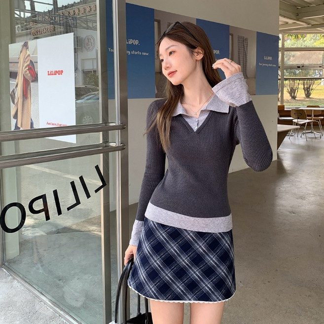 NUTRIVIO 여성상의 니트티 카라 투톤 레이어드 니트 셔츠