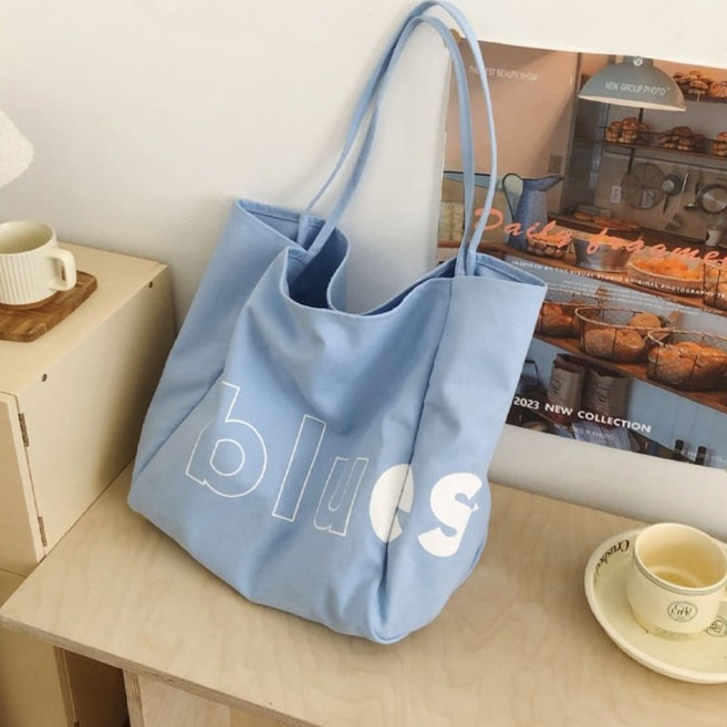 바부다 배색 레터링 와이드 빅사이즈 캔버스 숄더백