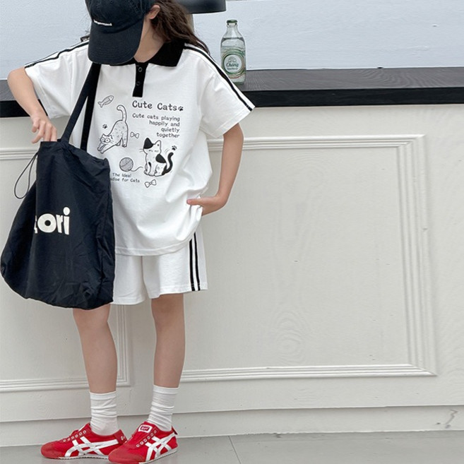 비비키드 여아 여름 주니어 상의 하의 세트 초중생 Cute Cats 고양이 캐릭터 카라 반팔티 반바지 초등생 상하세트 (26295)
