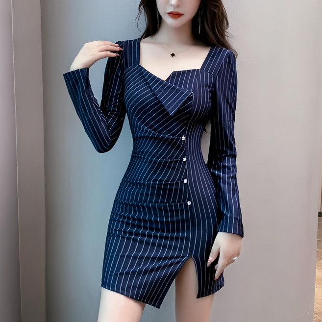 JQS 스트라이프 슬림핏 빅사이즈 3XL 미니원피스 브이넥 바디라인 강조 오피스룩 1378