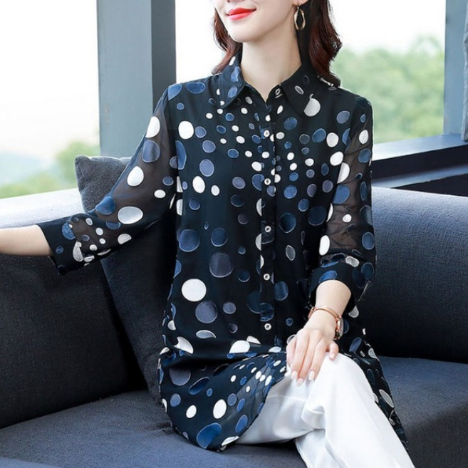 ROYALBELLE 여성 쉬폰 반팔 상의 빅사이즈 땡땡이 블라우스 루즈핏 하프기장 카라넥 상의 V40617