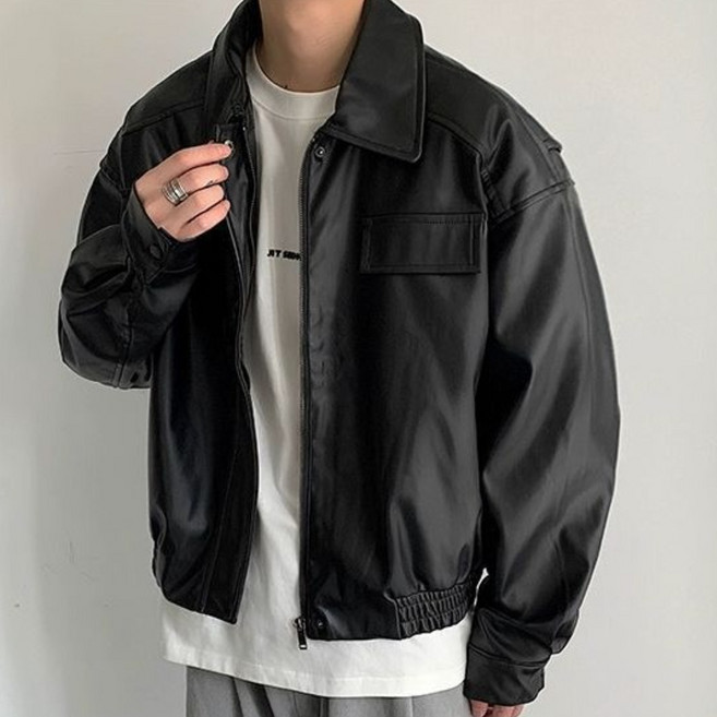 남자 가죽 레더 오버핏 블루종 라이더 자켓 점퍼