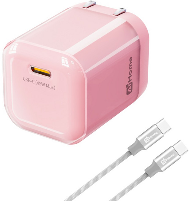 AJHome USB-C 45W Max 充電器 - 適用於 16/17 Pro S24/S25 Ultra 平板電腦 筆記型電腦和手機, 粉色快充頭+1米快充線C轉C, 1套