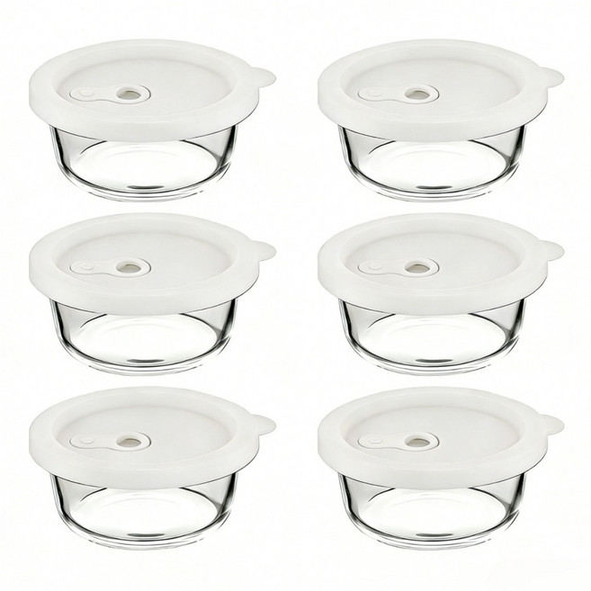 Munjjing 내열강화유리 햇밥용기 흰색 원형 렌지쿡 전자레인지 냉동밥, 6개, 400ml