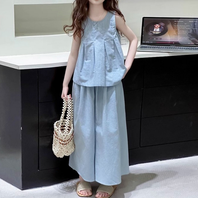 Toruva어린이 여름 민소매 주름 상의와 루즈핏 긴바지 청량한 캐주얼 스타일14세 이상