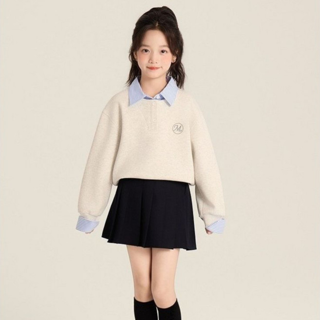 루비키즈 봄 가을 간절기 아동 주니어 여아 레이어드 카라 맨투맨 스쿨룩 치마 상하세트 E145