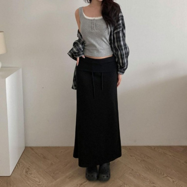 부기샵 여성 파이 랩 폴딩 밴딩 트레이닝 맥시 롱 봄 스커트