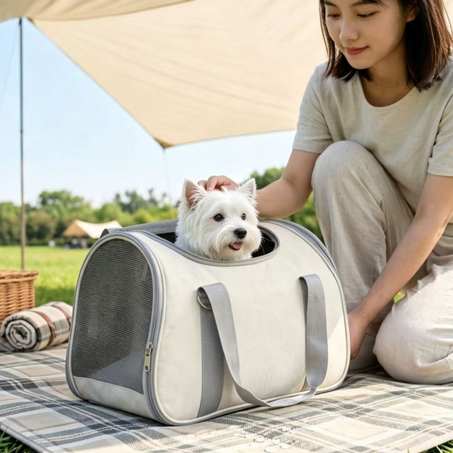 강아지 이동가방 초경량 숨쉬는 메쉬 숄더백 고양이 크로스백 접이식 외출가방, 1개, 베이지색