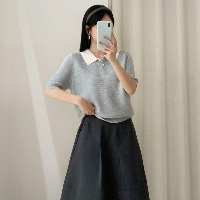 SONOVA 쏘노바 여성 배색 반팔 카라 니트 봄 여름 폴로 니트티 데일리 출근룩 상의