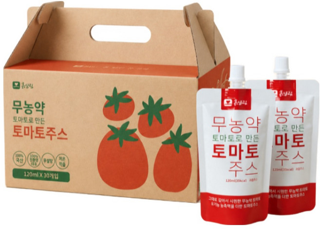 무농약 토마토주스 토마토즙 착즙주스 무농약토마토 98.2%+유기농배농축액 1.8%, 30개, 120ml