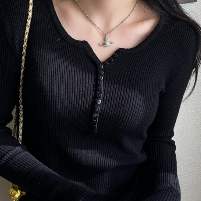 앨오앤지 여성 V넥 데일리 단추 긴팔티