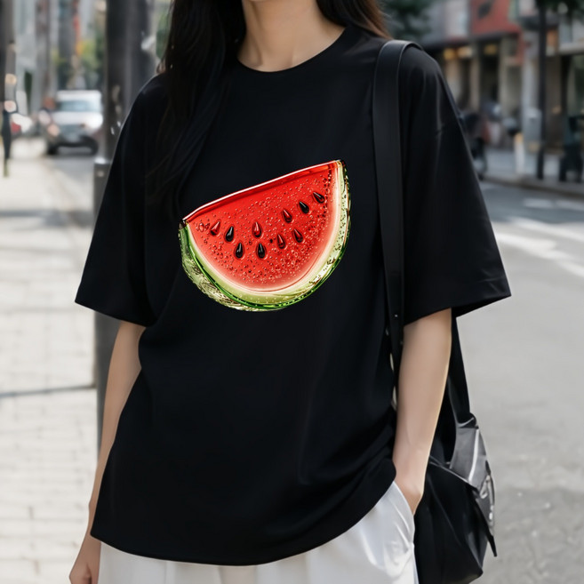 과일 프린팅 반팔티 남녀공용 오버핏 빅사이즈 티셔츠 체리 사과 수박 포도 그래픽 여름 캐주얼 커플룩 데일리 반팔티 화이트 블랙 S~5XL 국내프린팅