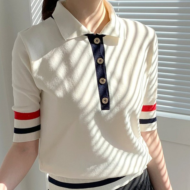 [순이야] S.골프 여성 배색 줄무늬 카라 버튼 반팔 니트