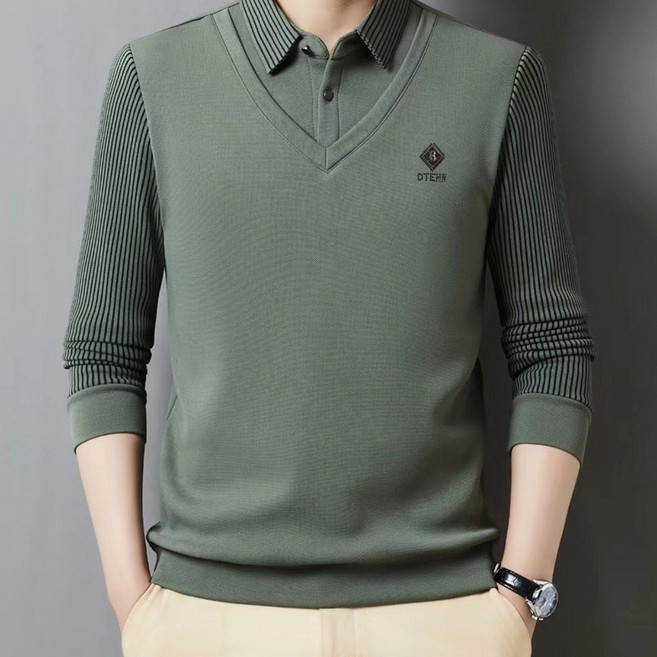 라부라카 가을 남자 폴로 카라 긴팔티셔츠 페이크 투피스 골프 상의 스트라이프 아빠룩 루즈핏 캐주얼 셔츠 남자골프웨어