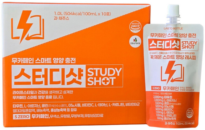 무카페인 에너지 드링크 스터디샷 타우린 아르기닌 콜린 이노시톨 테아닌 카르니틴 홍삼 비타민B 비타민C, 30개입, 100ml