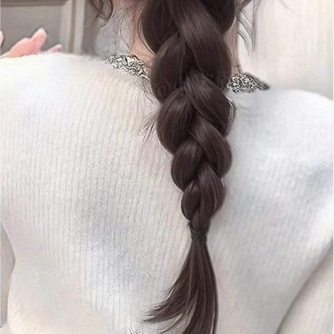 하이유니 [땋기완성] 여신 벼머리 포니테일 100% 고정 집게 붙임머리 부분가발, 1개, 라이트브라운