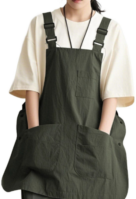 트렌도라 멜빵 앞치마 방수 앞뒤 양면 카페 남여공용, 1개, 카키그린