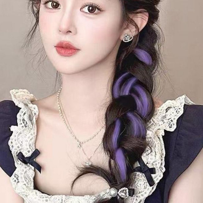 미즈코스 컬러 헤어 웨이브 긴머리 브릿지 포니테일 부분 가발 머리끈, 퍼플, 2개