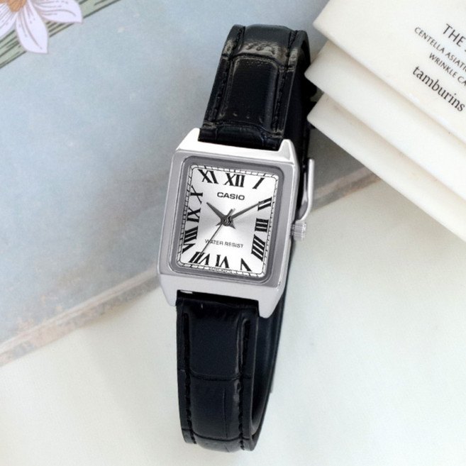 카시오 LTP-V007L-7B1 여성 스퀘어 가죽 시계 +배터리 교환권 패키지