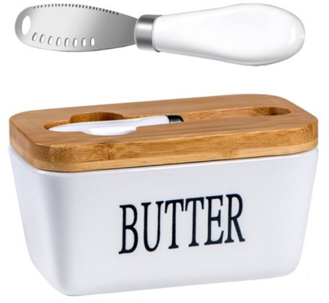 BUTTER BOX 대용량 600ML 도자기 버터 보관 용기+버터 나이프 세트, 화이트, 1개