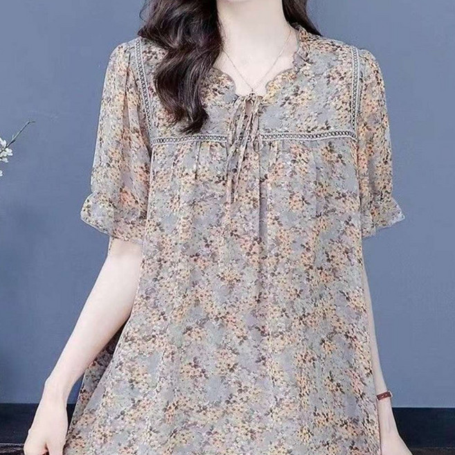 MOSAIRATION 여성용 꽃무늬 시폰 블라우스 봄여름가을 루즈핏 숏슬리브 레이스업 디자인 여름 반팔 블라우스 D18