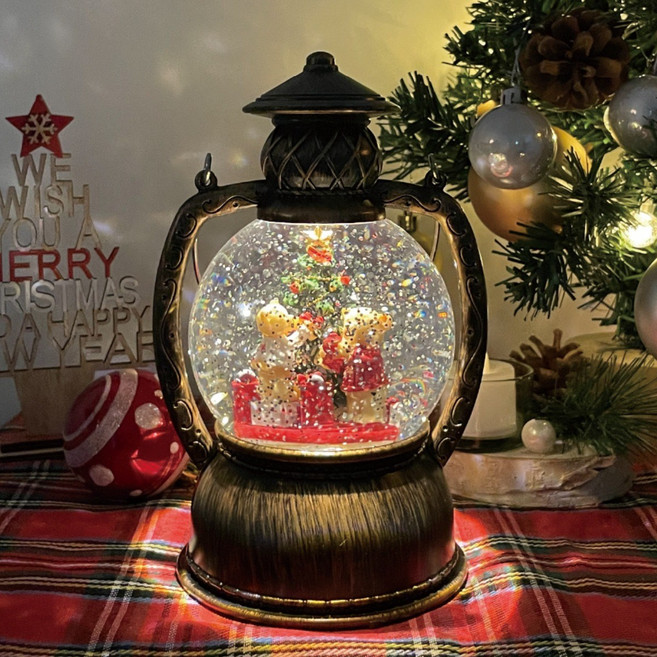 크리스마스 감성 인테리어 오브제 오르골 C 랜턴 무드등 스노우볼, 브론즈테디, 11 x 21 cm
