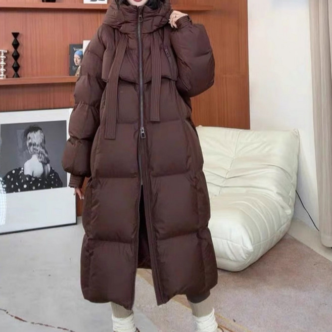 708090 여성 겨울 다운 점퍼 고급스러운 후드 집업 리본 롱 패딩