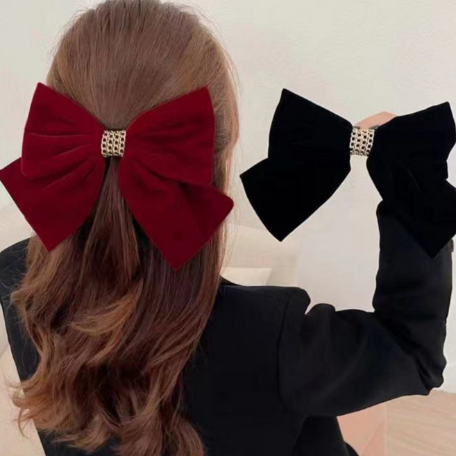 리리톡 1+1 벨벳 왕리본 머리핀 블랙 레드 세트