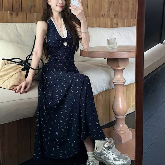 Akimu 여성 플라워 레이스 원피스 슬림핏 셔링 홀터넥 원피스