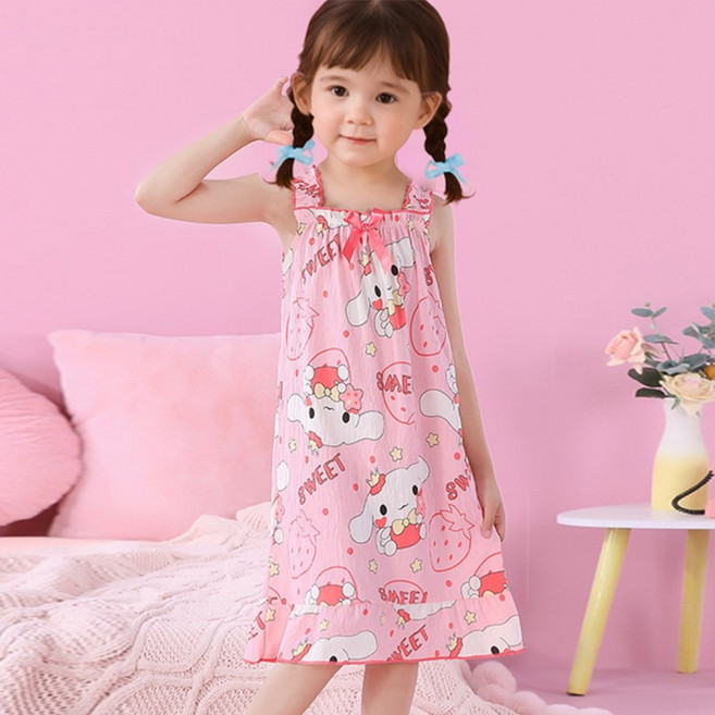 귀여운 강아지 캐릭터 끈 나시 원피스 실내복 잠옷