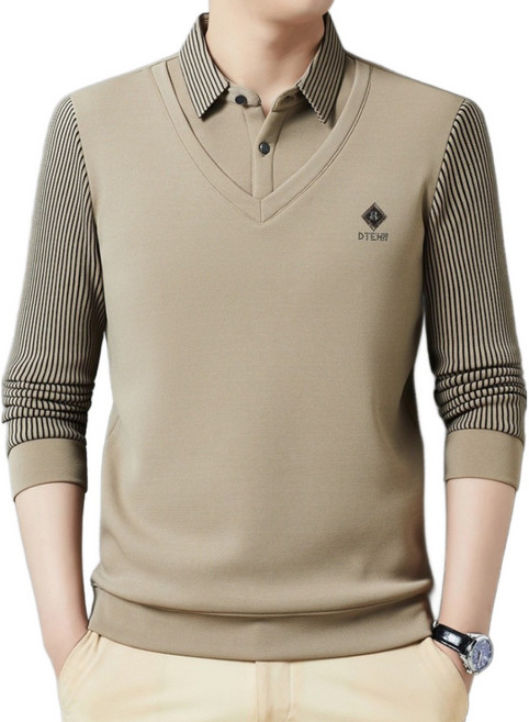 라부라카 가을 남자 폴로 카라 긴팔티셔츠 페이크 투피스 골프 상의 스트라이프 아빠룩 루즈핏 캐주얼 셔츠 남자골프웨어