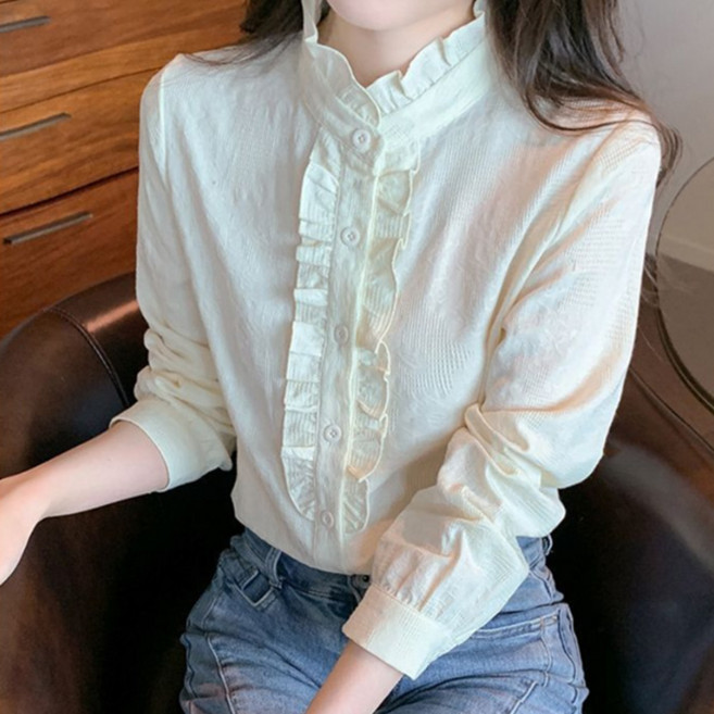 나바바 NB3024 여성 러블리 빈티지 프릴 긴팔 블라우스