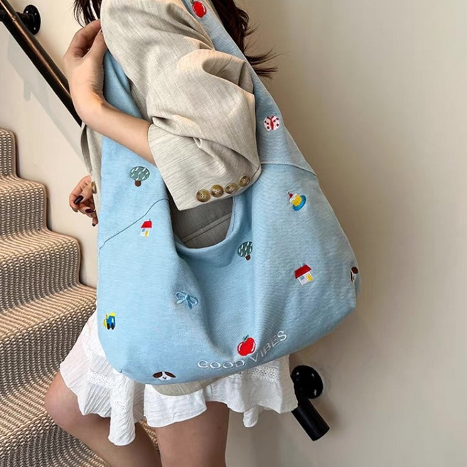 귀여운 자수 데님 가방 숄더백 빈티지 핸드백 가방 통근 대용량 크로스백 가방 패셔니스타 학생 필수