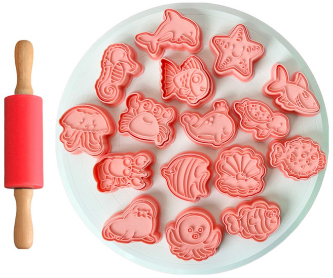 캐롯캐롯 바다생물 쿠키틀 클레이몰드 베이킹도구 16종 세트 (밀대증정), 1개, 핑크