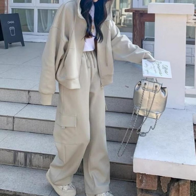 UNIQUEZON 여성 봄 가을 캐주얼 트레이닝 세트 후드 집업 작업 바지 투피스 세트 빅사이즈