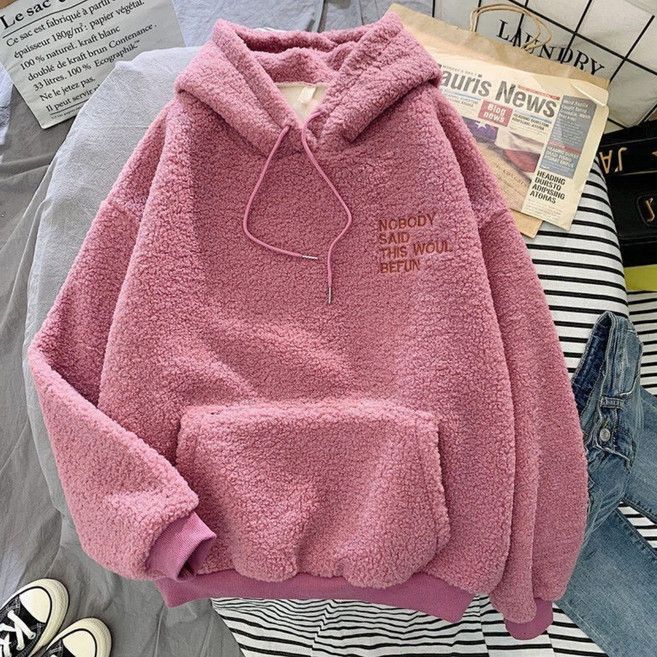 에쉬울프 여성용 NOBODY 레터링 양털 후드 가을 겨울 양털 후드 맨투맨 티셔츠