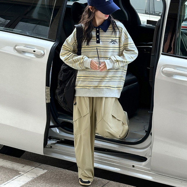 비비키드 스트라이프 리본자수 카라티 주니어 상의 초등생 하의 세트 여아 봄 가을 세트 초중생 긴팔 빅포켓 긴바지 초등생 상하세트 (77694)