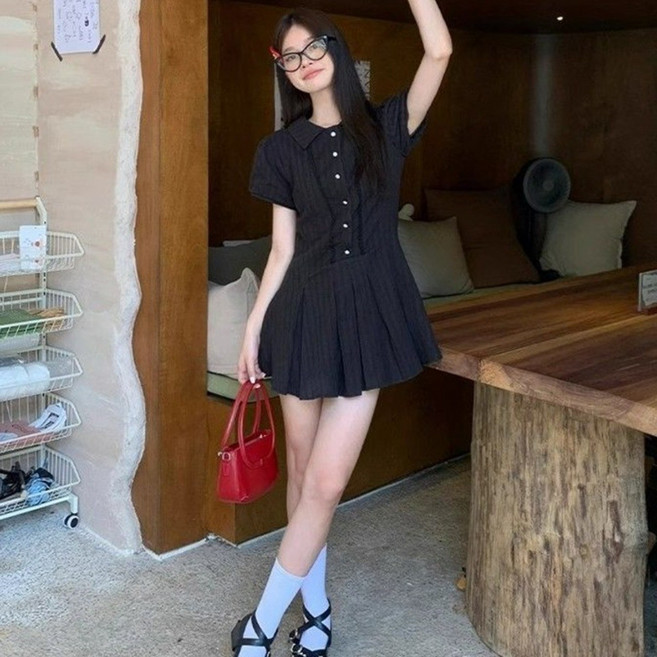 Akimu 여름 셔츠 원피스 A라인 반팔 미니 원피스
