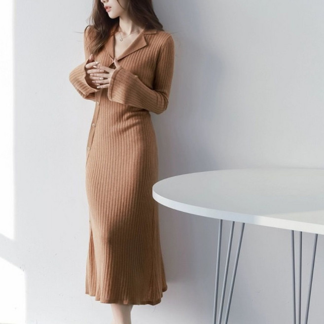 COSYEVNO 여성 니트 원피스 봄 가을 브이넥 패션 슬림 언밸런스 플레어 긴팔 미디 스커트 lyjlyq-14