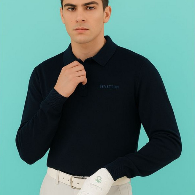 베네통 골프 남성 카라 레터링 로고 니트 블랙