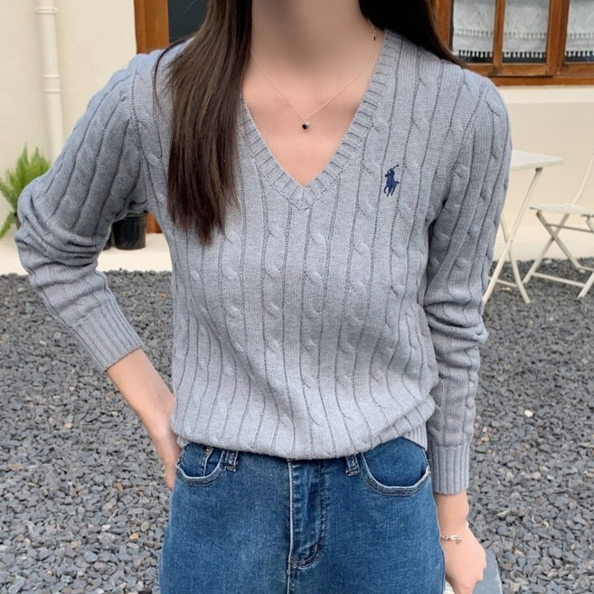 폴로랄프로랜 여성 브이넥 꽈배기 니트 면 스웨터 그레이
