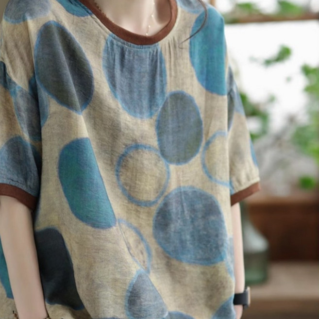 [영스토어 정품] 여성 고급 풍기 인견 블라우스 하늘색 나염 반팔