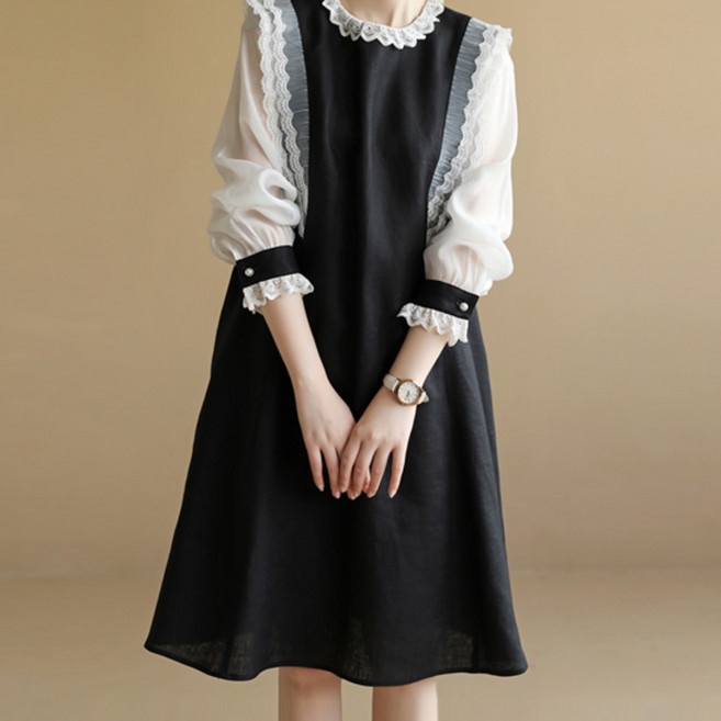 퀸앤조이여성 봄가을 스텔라 레이스 배색 미디 원피스****** 빅사이즈 데일리 캐주얼