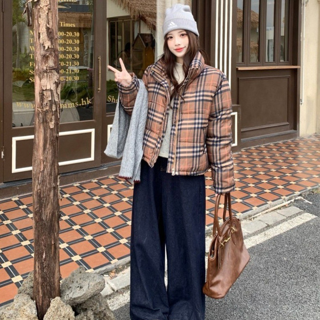 해피유통 여성 가을 겨울 캐주얼 체크무늬 패딩 자켓 짧은 디자인 따뜻한 두꺼운 외투